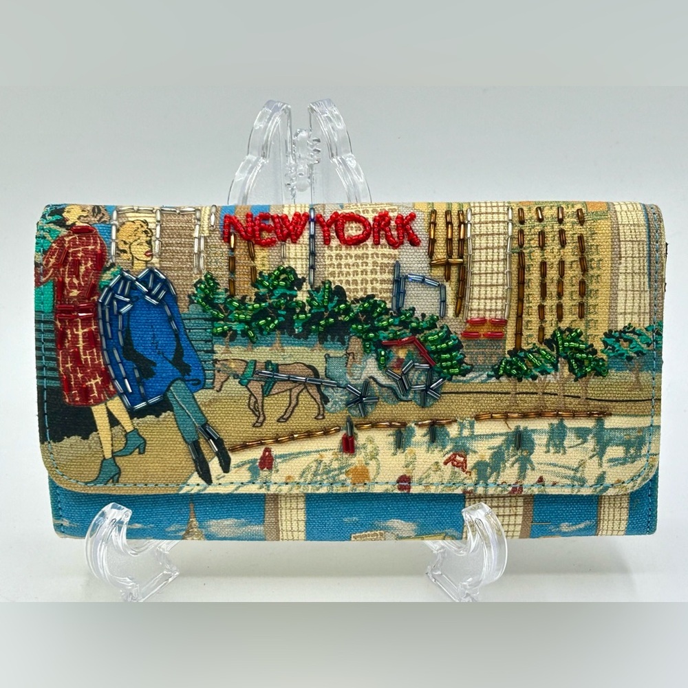 Vintage New York Landscape Cloth Coated Wallet Beaded Large Fold Over Zip New